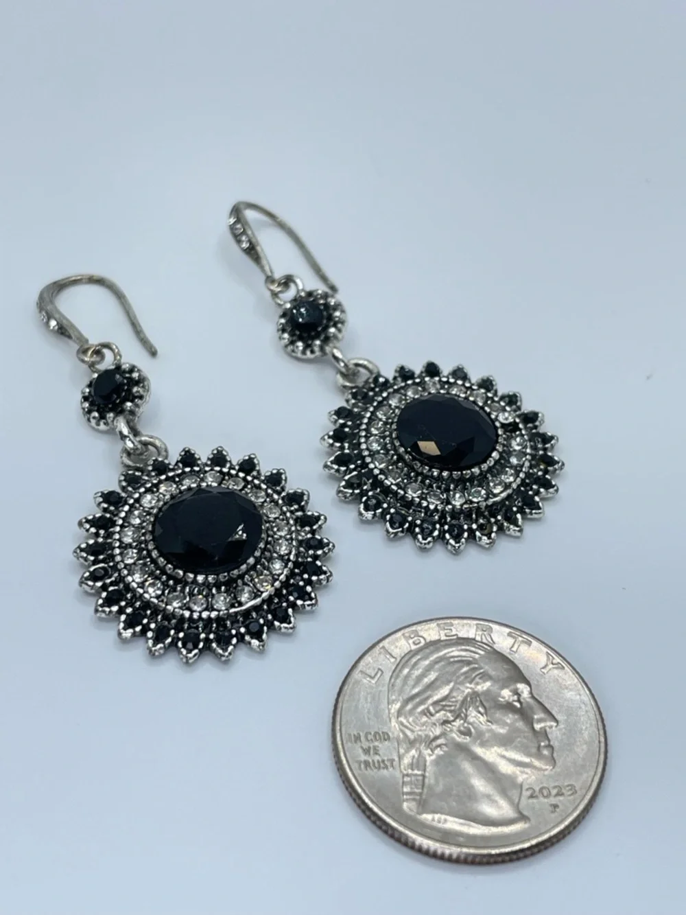 Black Crystal Sunburst Dangle Earrings Silver Tone Vintage Style